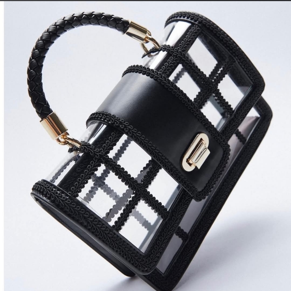 ZARA Vinyl Lace Trim Grid Crossbody Top-Handle Bag 5.75" x 7.5"x 3"D NWOT